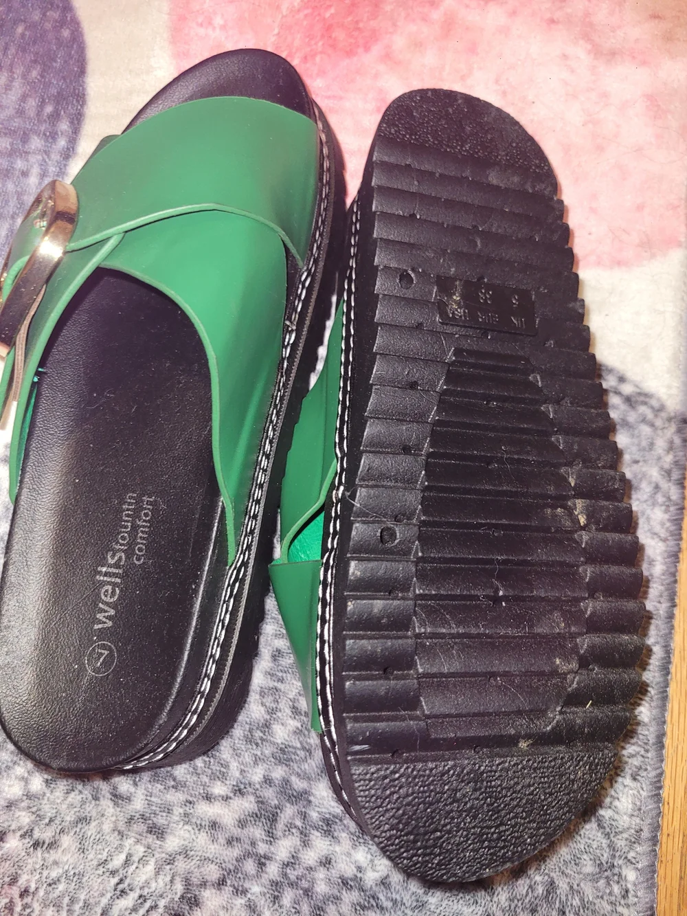 Women’s Green Slide Sandals with Gold Buckle - Picture 2 of 2